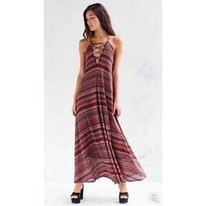 Urban Outfitters UO Ecote Stitch Lace-Up Metallic Boho Maxi Dress Size XS